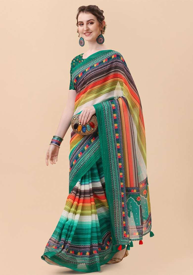 Turquoise Blue Embroidered Blended Saree Set - Indya