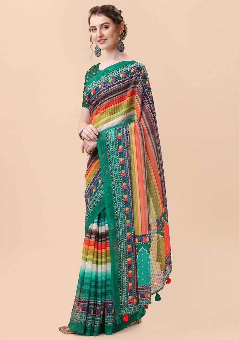 Turquoise Blue Embroidered Blended Saree Set - Indya