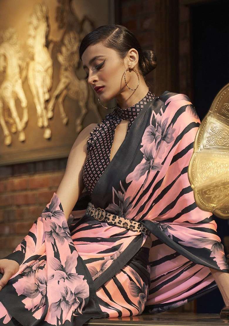 Pink Blended Saree Set with Printed for Diwali | Wedding & Festive Wear - Indya