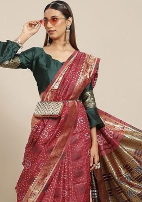 Maroon Printed Blended Saree Set