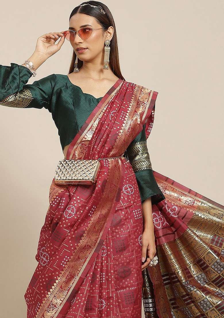 Maroon Blended Saree Set with Printed for Diwali | Wedding & Festive Wear - Indya
