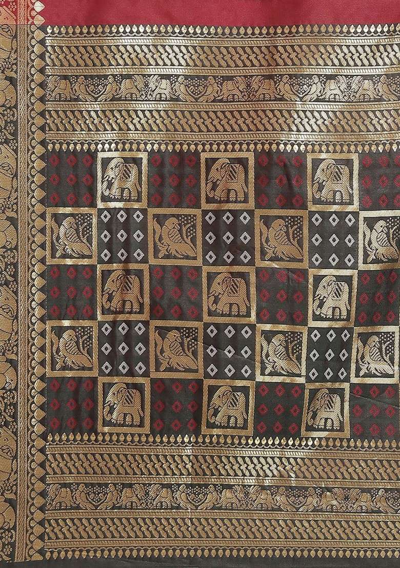 Maroon Blended Saree Set with Printed for Diwali | Wedding & Festive Wear - Indya