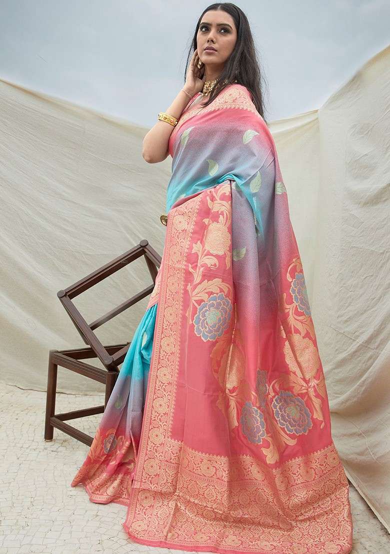 Pink Printed Blended Saree Set for Diwali and Festive Wear - Indya