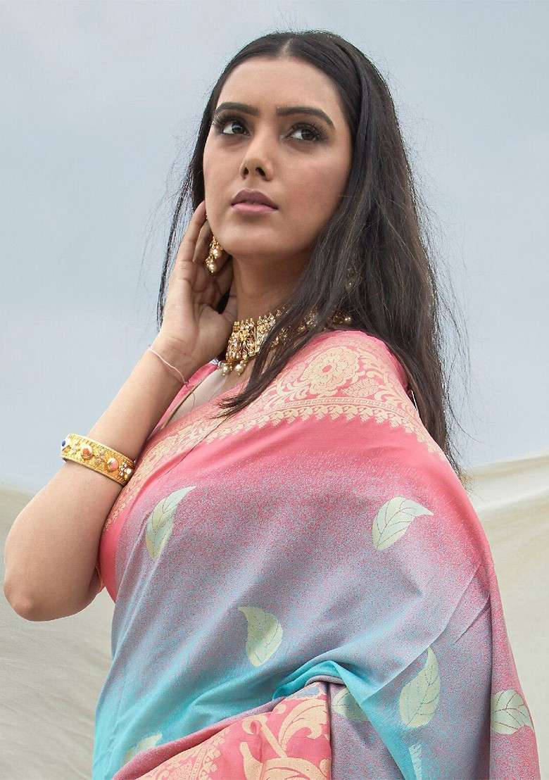 Pink Printed Blended Saree Set for Diwali and Festive Wear - Indya