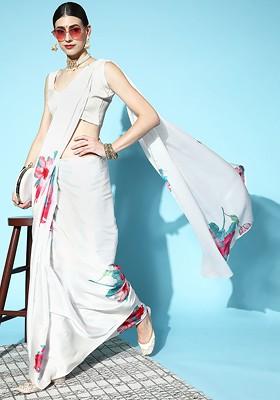 Pink Printed Blended Saree Set