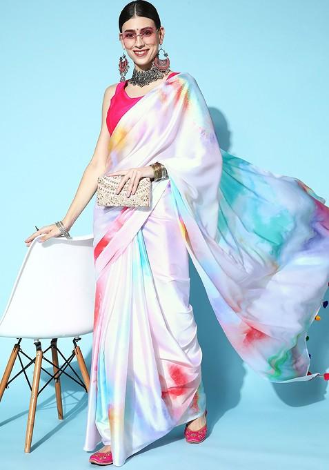 White Printed Blended Saree Set