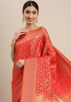 Red Embroidered Blended Saree Set