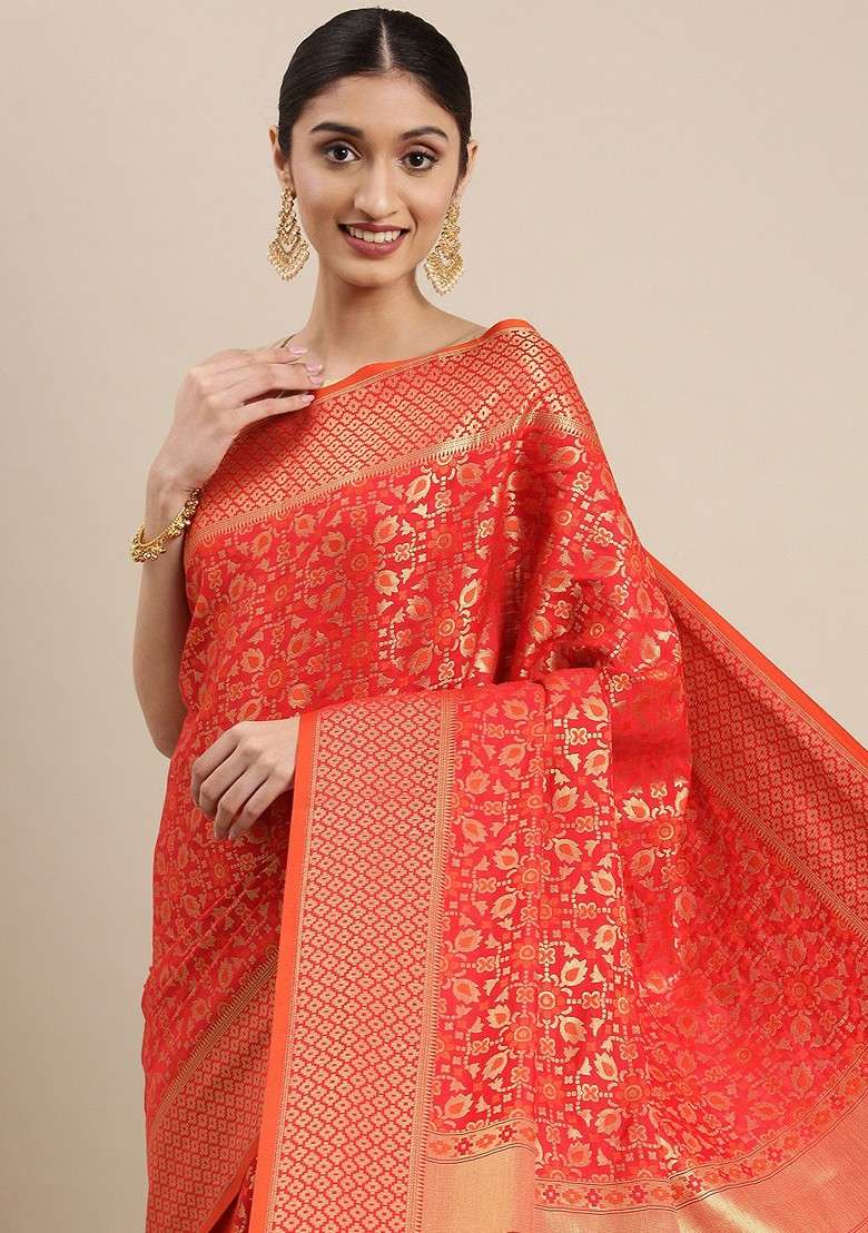 Red Embroidered Blended Saree Set for Diwali and Festive Wear - Indya