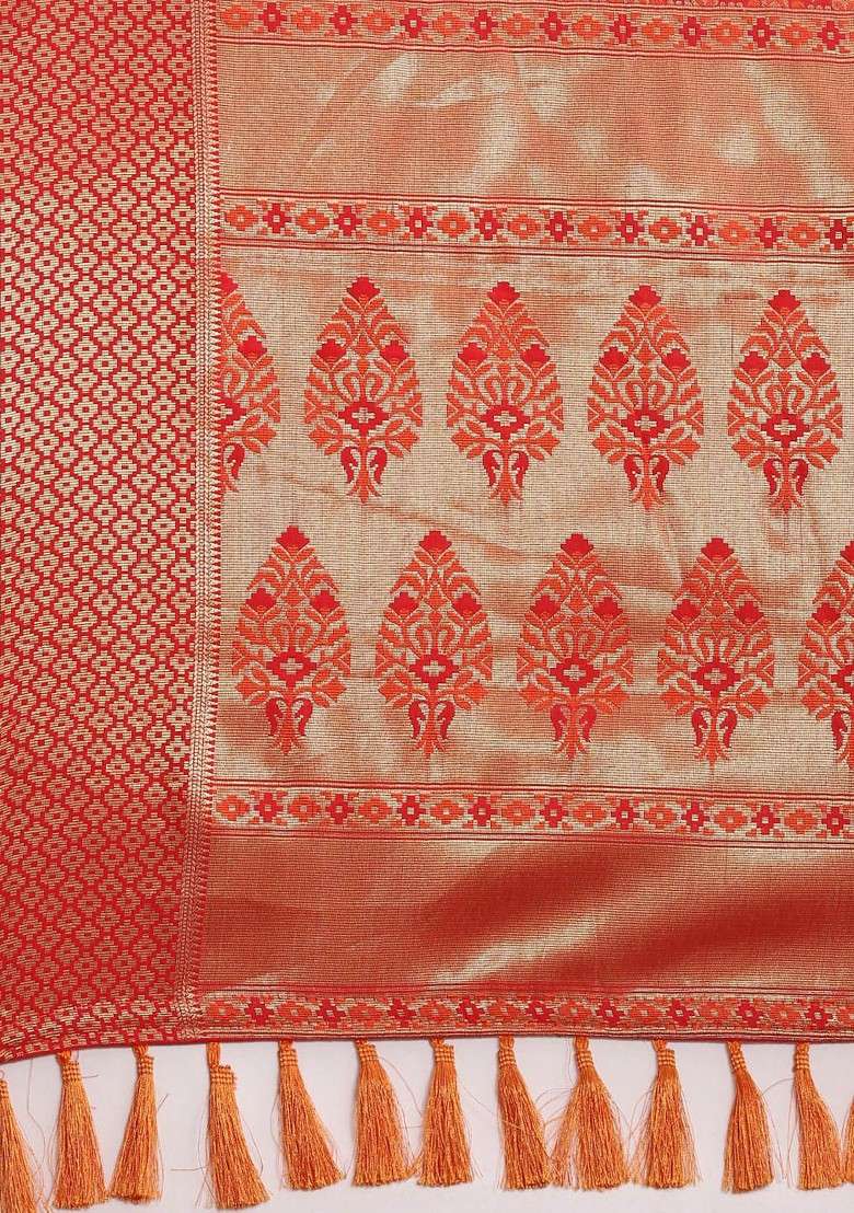 Red Embroidered Blended Saree Set for Diwali and Festive Wear - Indya