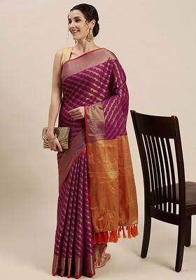Purple Embroidered Blended Saree Set