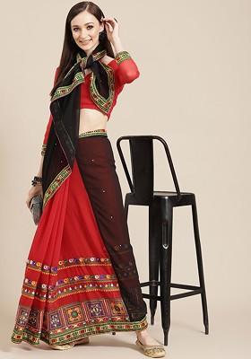 Red Embroidered Blended Saree Set