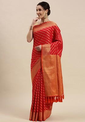 Red Embroidered Blended Saree Set