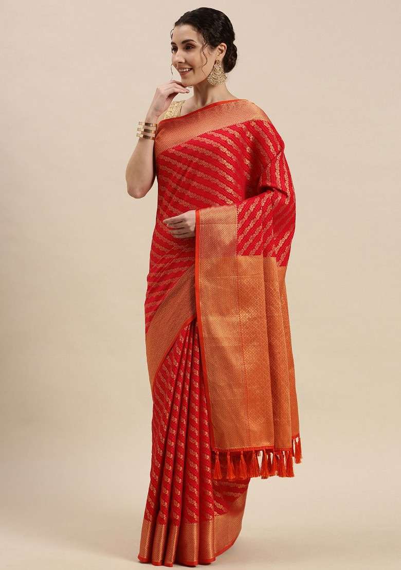 Red Embroidered Blended Saree Set - Indya