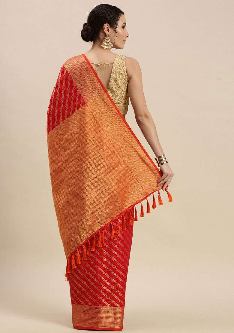 Red Embroidered Blended Saree Set - Indya