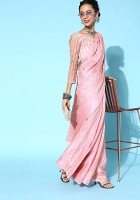 Pink Solid Blended Saree Set
