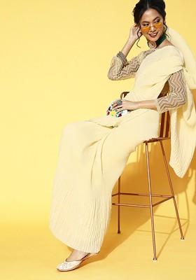 Beige Solid Blended Saree Set