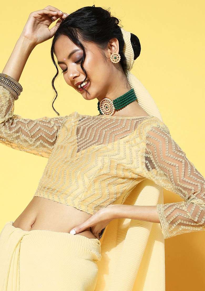 Beige Solid Blended Saree Set for Diwali | Wedding & Festive Wear - Indya