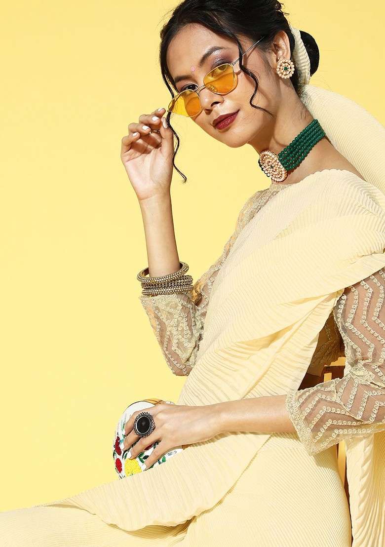 Beige Solid Blended Saree Set for Diwali | Wedding & Festive Wear - Indya