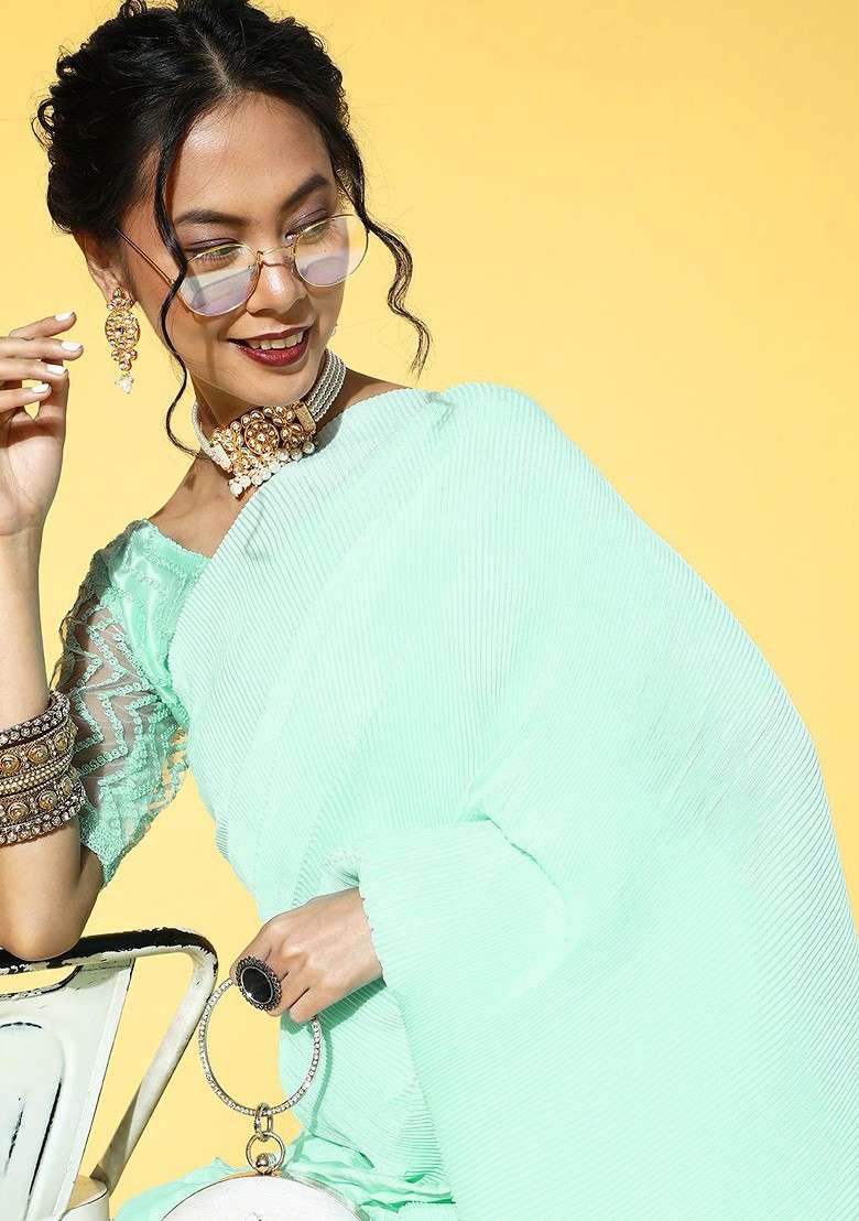 Sea Green Solid Blended Saree Set for Diwali and Festive Wear - Indya