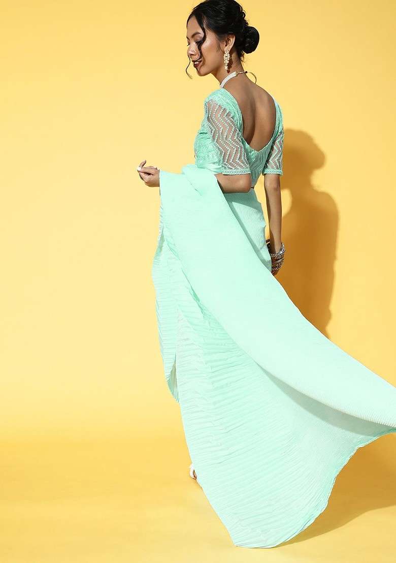Sea Green Solid Blended Saree Set for Diwali and Festive Wear - Indya