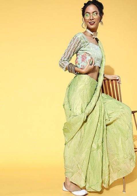 Green Solid Blended Saree Set