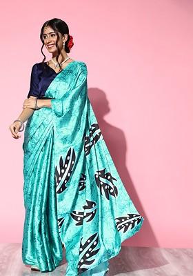 Turquoise Blue Embroidered Blended Saree Set