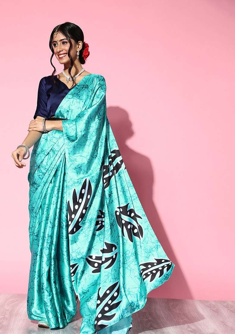 Turquoise Blue Blended Saree Set with Embroidered for Diwali | Wedding & Festive Wear - Indya