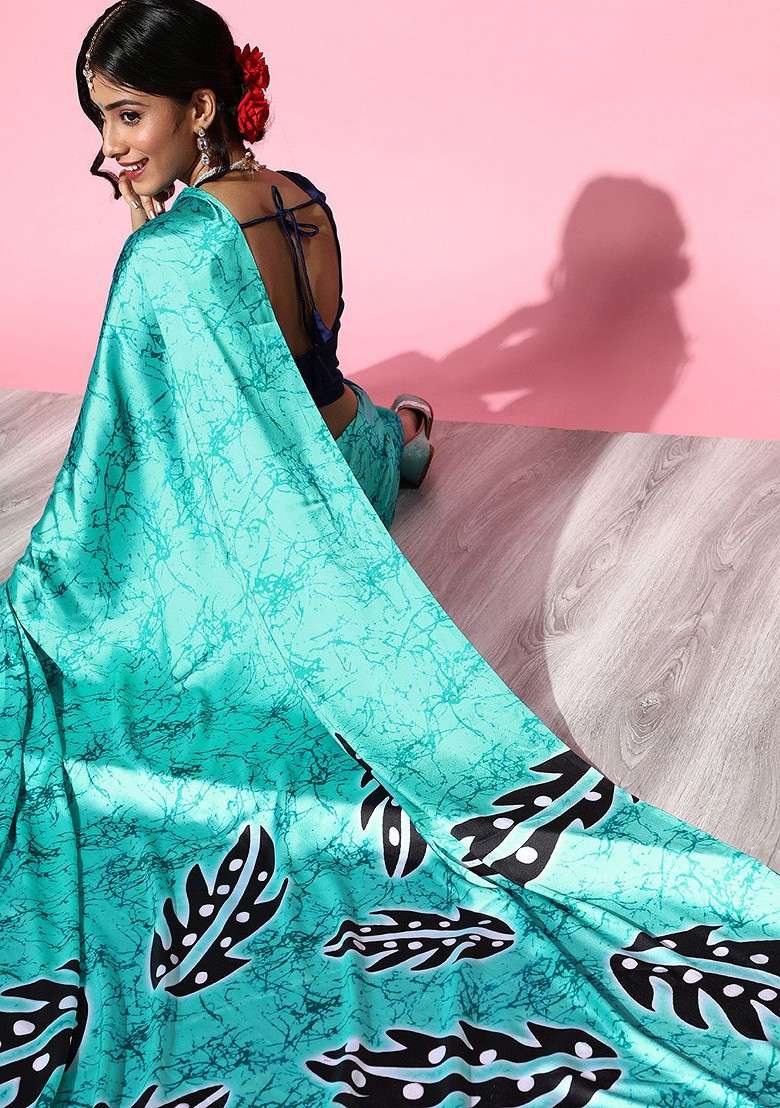 Turquoise Blue Blended Saree Set with Embroidered for Diwali | Wedding & Festive Wear - Indya