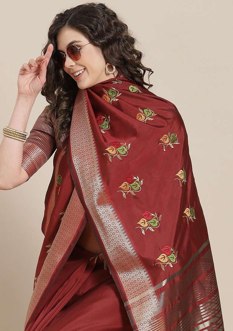 Maroon Printed Blended Saree Set for Diwali and Festive Wear - Indya