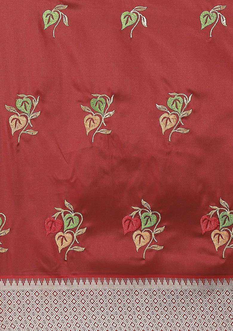 Maroon Printed Blended Saree Set for Diwali and Festive Wear - Indya