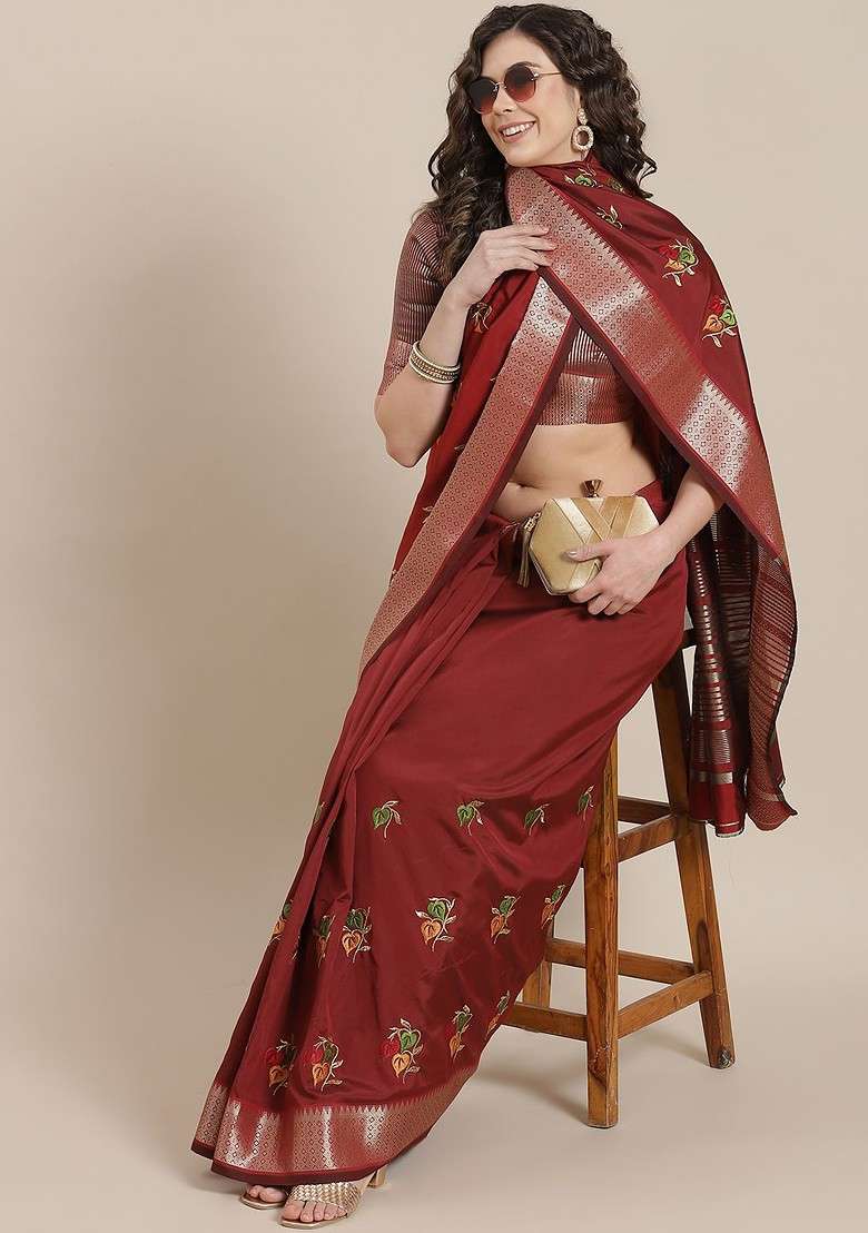 Maroon Printed Blended Saree Set for Diwali and Festive Wear - Indya