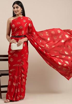 Red Printed Blended Saree Set