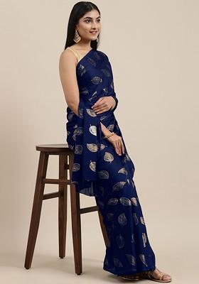 Navy Blue Printed Blended Saree Set
