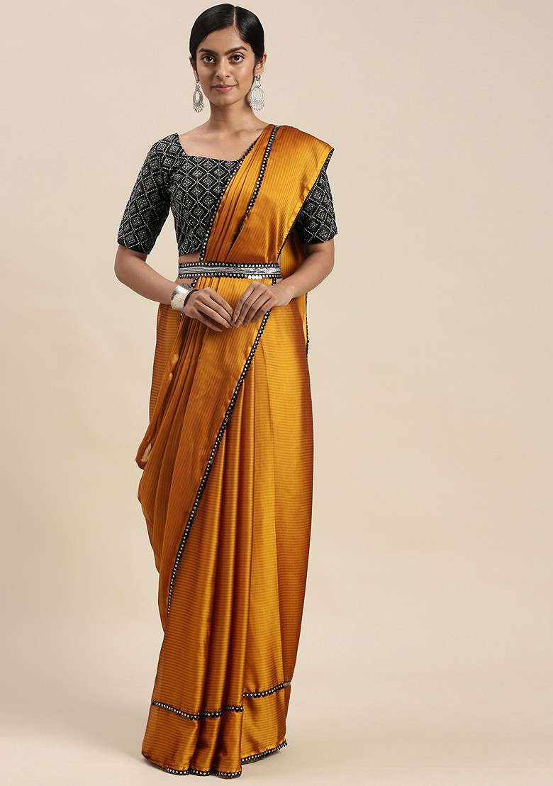 Mustard Embellished Blended Saree Set with Sequin for Diwali | Wedding & Festive Wear - Indya