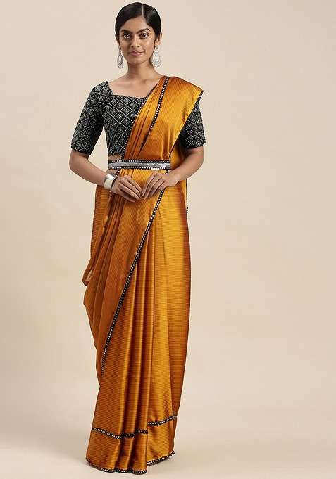 Mustard Embellished Blended Saree Set with Sequin for Diwali | Wedding & Festive Wear