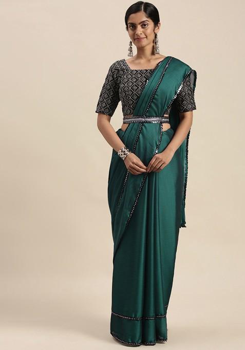 Teal Sequin Embellished Blended Saree Set