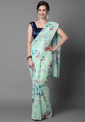 Sea Green Printed Blended Saree Set
