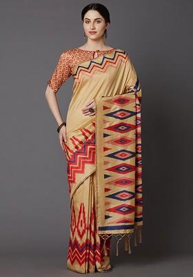 Beige Embroidered Blended Saree Set