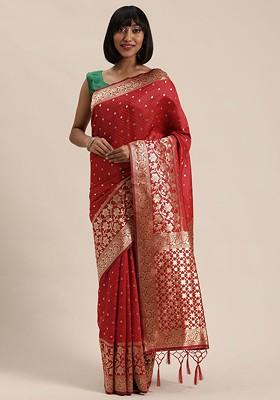 Red Embroidered Blended Saree Set
