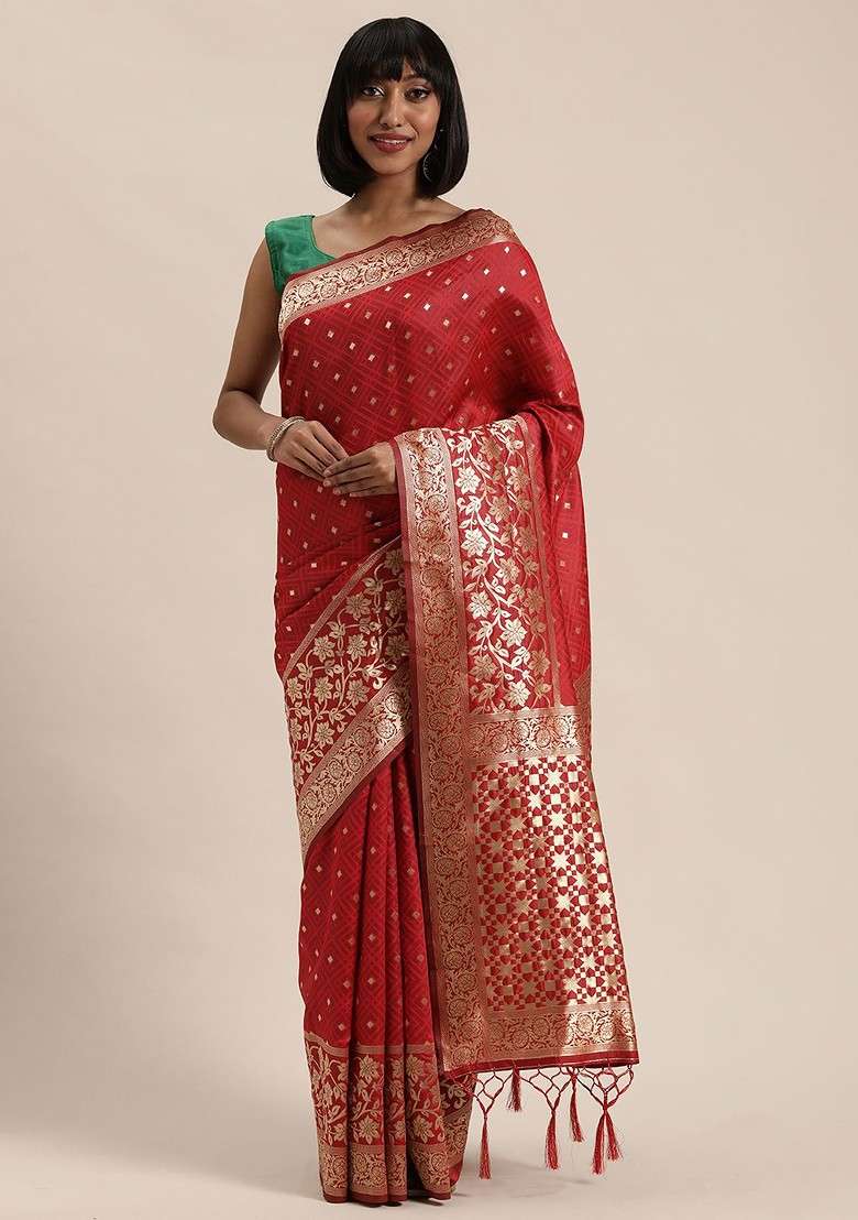 Red Blended Saree Set with Embroidered for Diwali | Wedding & Festive Wear - Indya