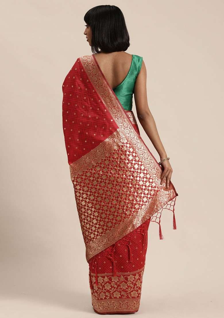 Red Blended Saree Set with Embroidered for Diwali | Wedding & Festive Wear - Indya