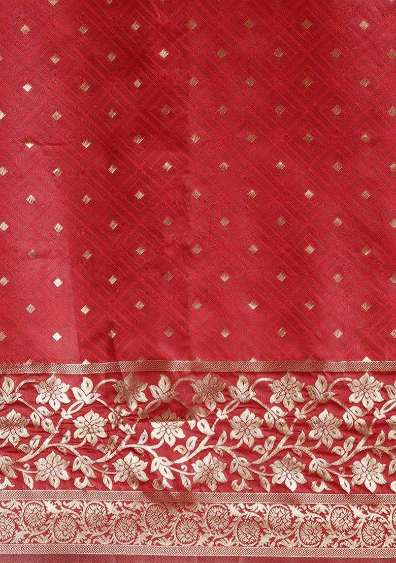 Red Blended Saree Set with Embroidered for Diwali | Wedding & Festive Wear - Indya