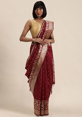 Maroon Embroidered Blended Saree Set