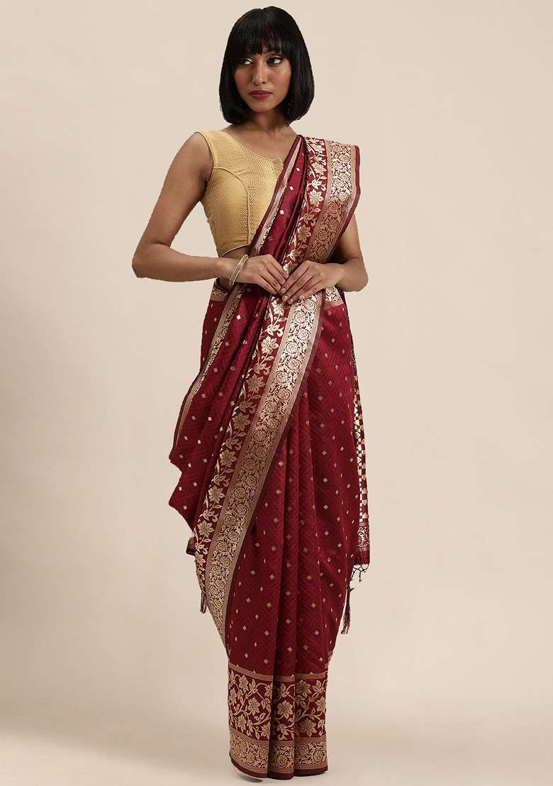 Maroon Blended Saree Set with Embroidered for Diwali | Wedding & Festive Wear - Indya