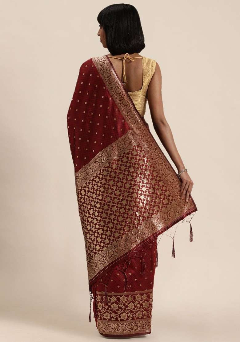 Maroon Blended Saree Set with Embroidered for Diwali | Wedding & Festive Wear - Indya
