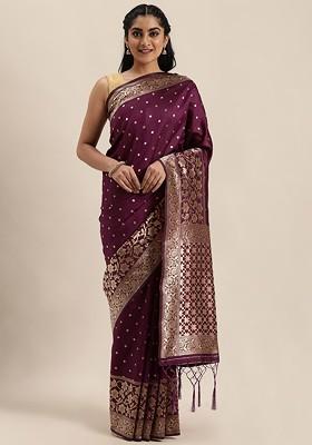 Purple Embroidered Blended Saree Set