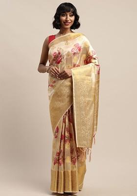 Cream Embroidered Blended Saree Set