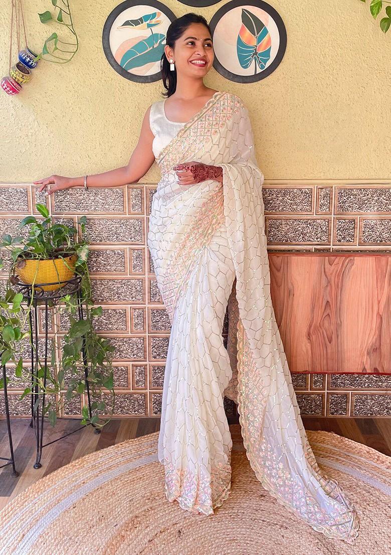 Off White Embellished Blended Saree Set