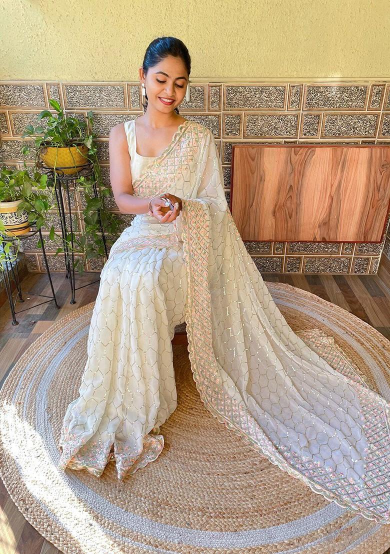 Off White Embellished Blended Saree Set