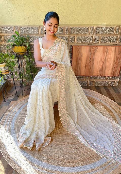 Off White Embellished Blended Saree Set